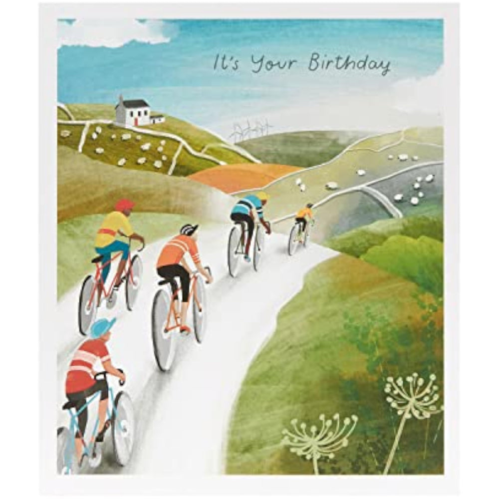 UK Greetings birthday card for him featuring scenic cycling design, ideal for male friends on special occasions.