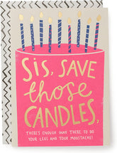 UK Greetings Sister Birthday Card featuring a "Save the Candles Sis" message, with colorful birthday-themed design and illustrations.