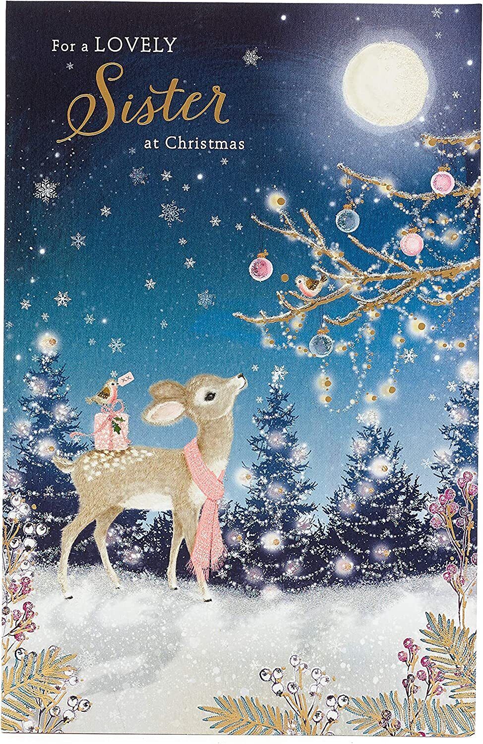 UK Greetings Sister Christmas Card with Envelope featuring a cute deer and robin design, perfect for festive holiday wishes.