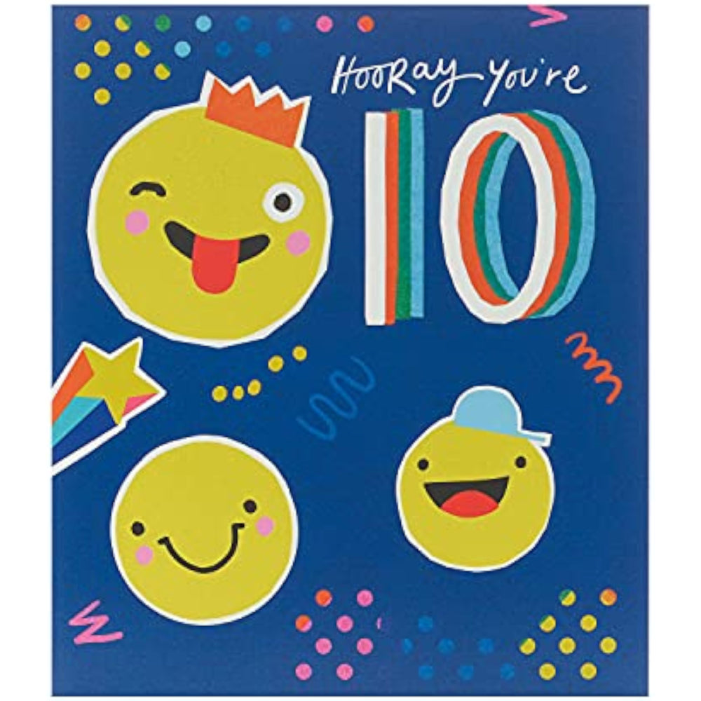 Bright and colorful UK Greetings Smiley Faces 10th Birthday Card featuring cheerful smiley face illustrations.