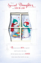 UK Greetings Christmas greeting card featuring snowmen decorating a tree for daughter and son-in-law.
