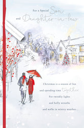 UK Greetings Son and Daughter-in-Law greeting card featuring a couple walking to a village pub, perfect for special occasions.