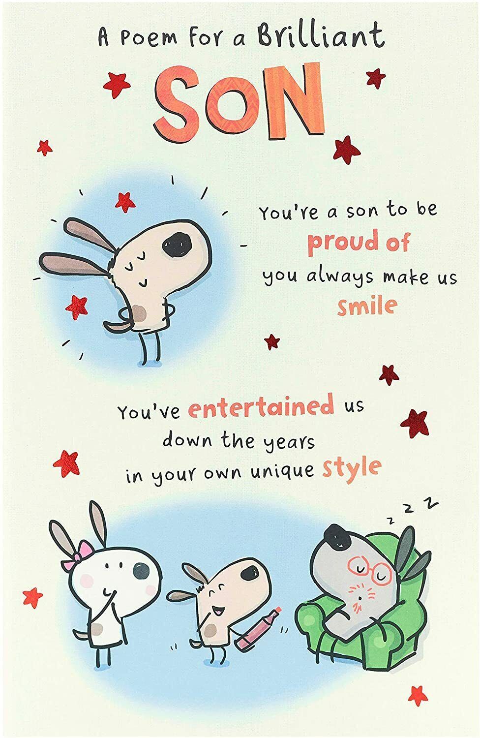 UK Greetings son's funny birthday card featuring a humorous poem and colorful design, perfect for celebrating with a smile.