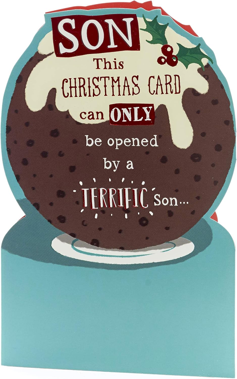 UK Greetings Son Funny Christmas Card featuring a festive Christmas pudding design, perfect for holiday greetings.