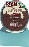 UK Greetings Son Funny Christmas Card featuring a festive Christmas pudding design, perfect for holiday greetings.