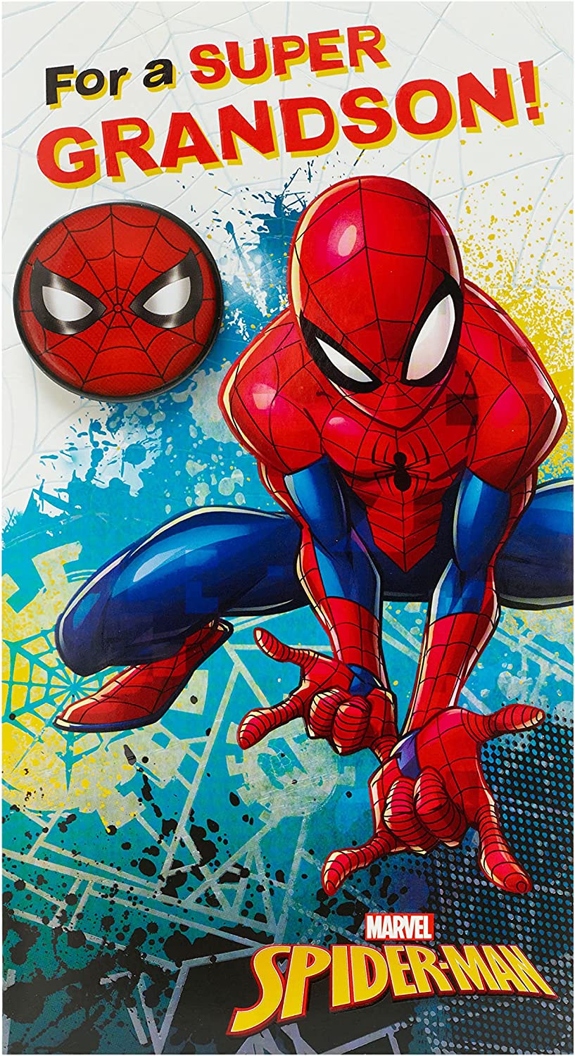 UK Greetings Spiderman birthday card for grandson featuring Spiderman face badge and colorful superhero design.
