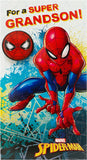 UK Greetings Spiderman birthday card for grandson featuring Spiderman face badge and colorful superhero design.