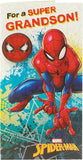 UK Greetings Spiderman birthday card for grandson featuring Spiderman face badge and colorful superhero design.