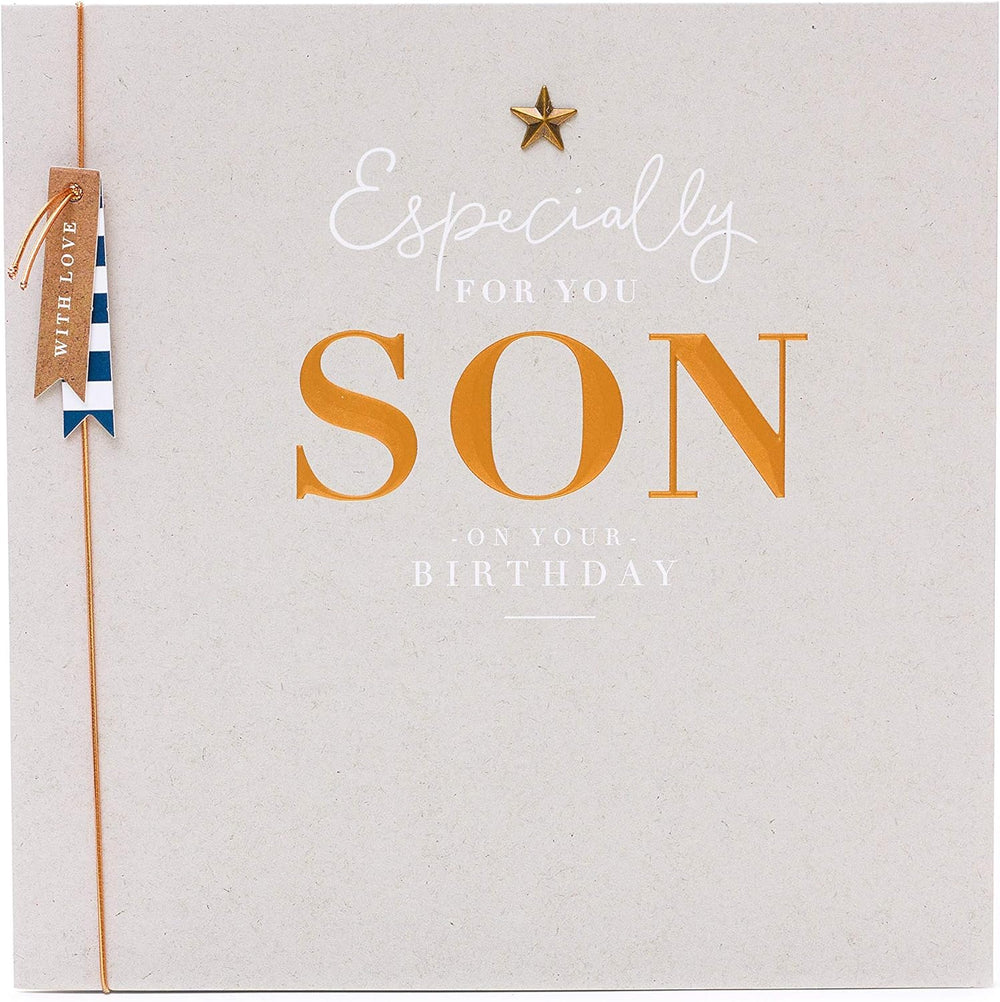 UK Greetings sentimental son birthday card featuring a star attachment with heartfelt message and colorful design.