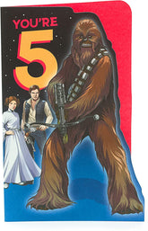 UK Greetings Star Wars 5th birthday card featuring Chewbacca with colorful space-themed design.