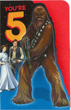 UK Greetings Star Wars 5th birthday card featuring Chewbacca, colorful greeting card with Star Wars character design.