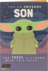 UK Greetings Star Wars Baby Yoda Son birthday greeting card featuring Baby Yoda in a playful pose for special occasions.