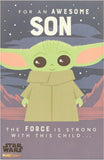 UK Greetings Star Wars Baby Yoda birthday card featuring Baby Yoda design for son, perfect for Star Wars fans celebrating birthdays.