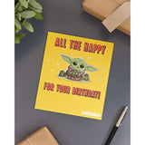 Star Wars Mandalorian Grogu birthday card by UK Greetings featuring Grogu from The Mandalorian series on a colorful background