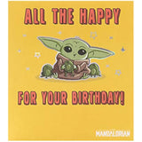 UK Greetings Star Wars Mandalorian Grogu birthday card featuring Grogu (Baby Yoda) with a festive design and space-themed background.
