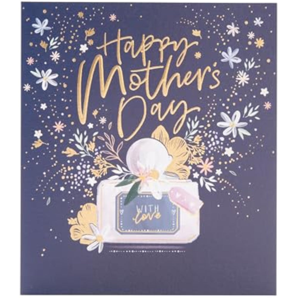 UK Greetings Mothers Day card featuring a stunning perfume design with elegant floral accents and delicate typography.