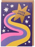 UK Greetings Super Auntie birthday card featuring colorful vibrant design, perfect for celebrating an auntie's special day.