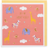UK Greetings sweet animal design new baby girl greeting card featuring colorful animal illustrations on a cheerful card.