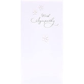 UK Greetings sympathy bereavement card featuring pure white background, 2D flowers, pearl details, and silver foil lettering.