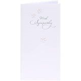 UK Greetings sympathy bereavement greeting card with white background, 2D flowers, pearl details, and silver foil lettering.