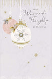 UK Greetings Thinking of You Christmas Baubles greeting card with festive bauble illustrations, ideal for holiday sentiments.
