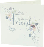 UK Greetings floral birthday card for a lovely friend featuring colorful flower design and elegant typography.