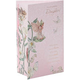 UK Greetings traditional design daughter birthday card with colorful floral illustrations and heartfelt message inside.