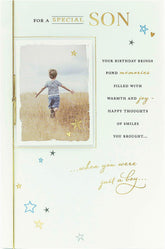 UK Greetings Traditional Son birthday card featuring colorful design and festive message, ideal for celebrating a special occasion.