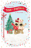 UK Greetings Christmas card featuring two Boofles characters standing with arms out, representing son and partner.