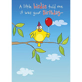 UK Greetings open birthday card featuring a humorous design with a little birdie, suitable for him or her.