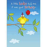 UK Greetings open birthday card featuring a humorous design with a little birdie, suitable for him or her.