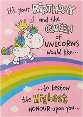 UK Greetings unicorn birthday card featuring colorful unicorn illustration and cheerful birthday message on a greeting card.