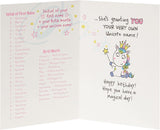 UK Greetings unicorn birthday card featuring colorful unicorn illustration on a cheerful greeting card design.