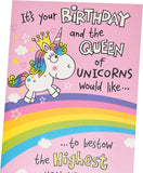 UK Greetings Unicorn Birthday Card featuring colorful unicorn illustration on a festive greeting card for special occasions.