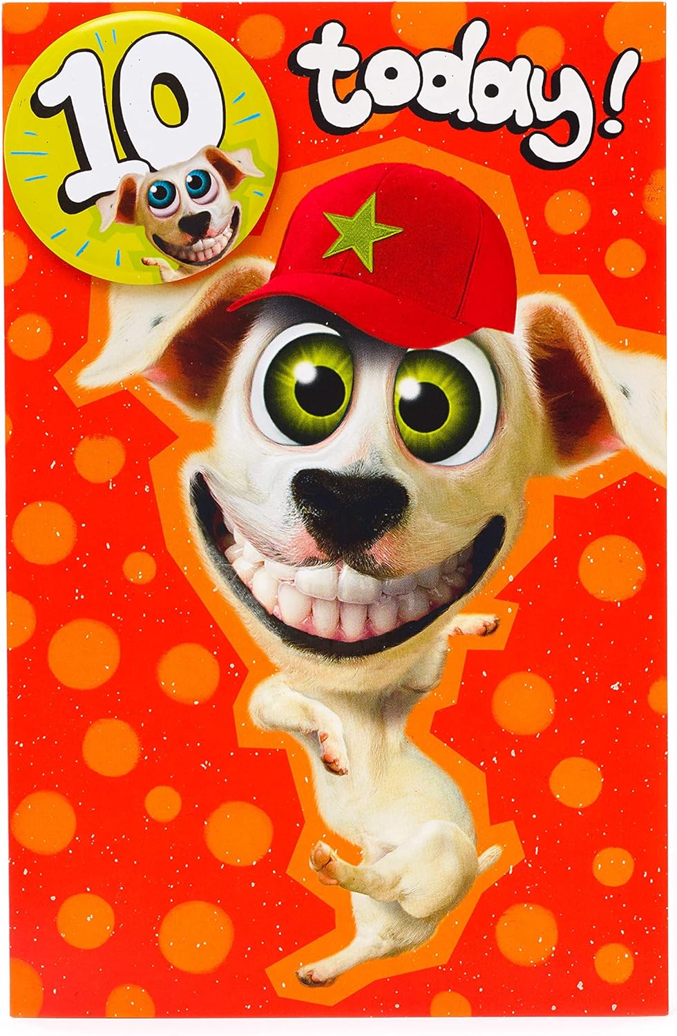 UK Greetings Wacky Dog 10th Birthday Card featuring colorful dog design with a badge included, perfect for celebrating a child's birthday.