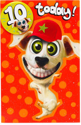UK Greetings Wacky Dog 10th Birthday Card featuring colorful dog design with a badge included, perfect for celebrating a child's birthday.
