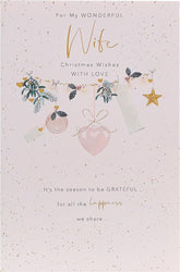 UK Greetings Wife Bauble Christmas Card, festive greeting card featuring a wife-themed design for the holiday season.