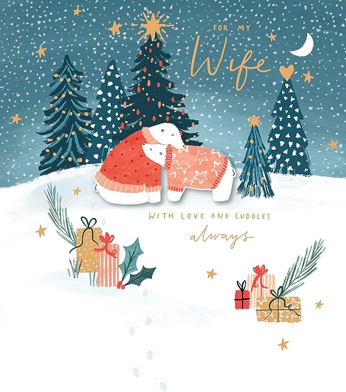 UK Greetings wife Christmas card featuring a cute polar bear with embellishments, festive and charming holiday greeting card.