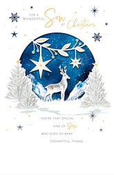 UK Greetings Wonderful Son Christmas Card featuring a white and blue stag design, ideal for holiday greeting celebrations.