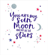 UK Greetings Valentine's Day card featuring sun, moon, and stars design with heartfelt message, part of the greeting cards collection.