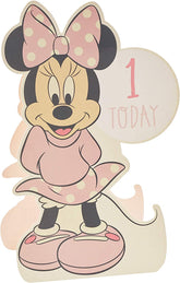 Disney Minnie Mouse baby girl birthday greeting card by UK Greetings with a die-cut design celebrating her first birthday.