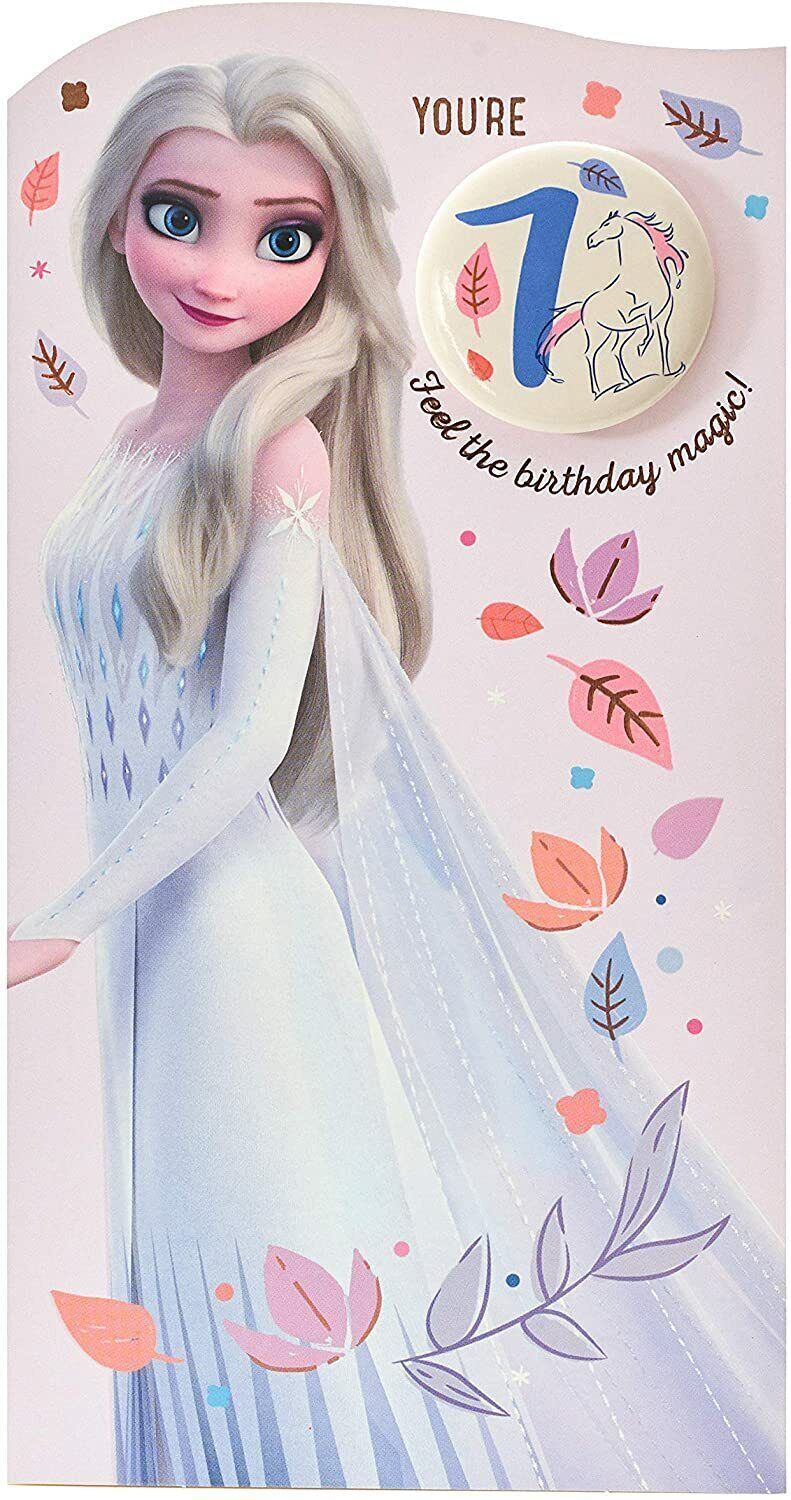 Disney Frozen Elsa birthday greeting card by UK Greetings featuring a magical design for a 7th birthday celebration.