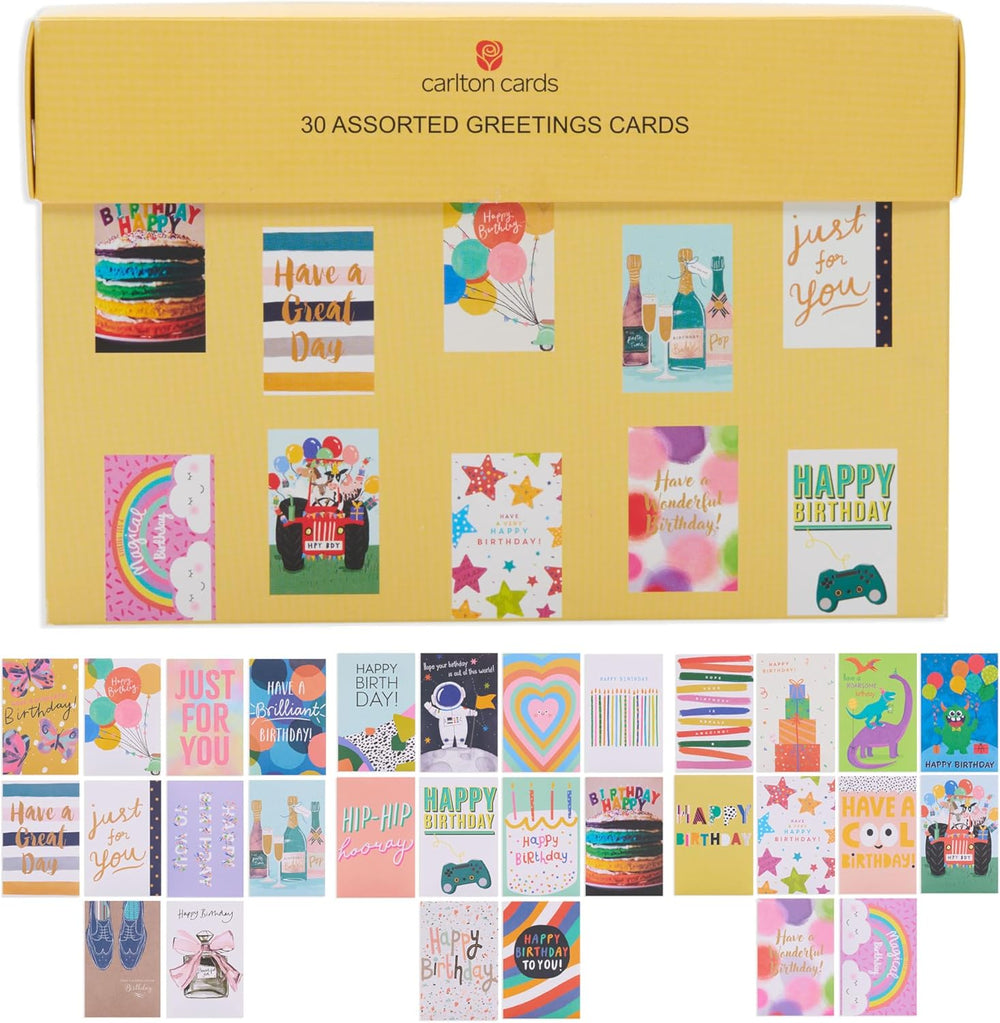UK Greetings multi pack of greeting cards featuring assorted designs for various occasions, displayed in a clear plastic pack.