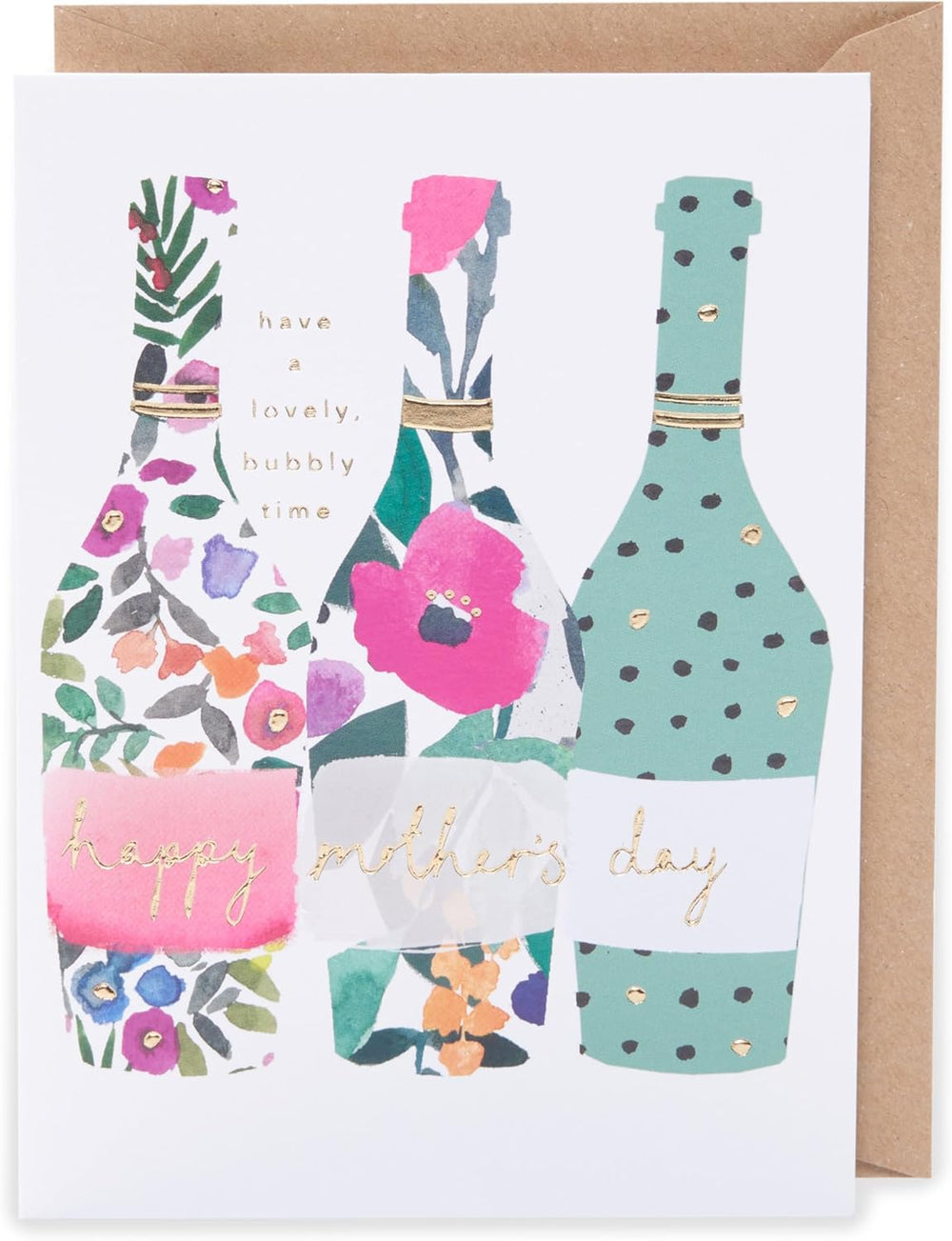UK Greetings Mother's Day card featuring floral wine bottles design, celebrating moms with colorful flowers and elegant illustrations.