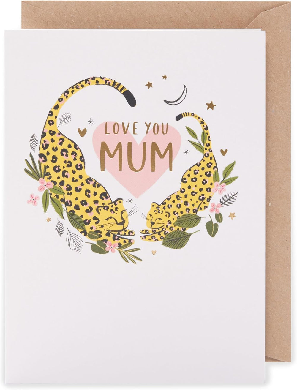 UK Greetings Mother's Day card featuring playful leopard design and "Love You Mum" message, perfect for celebrating moms.