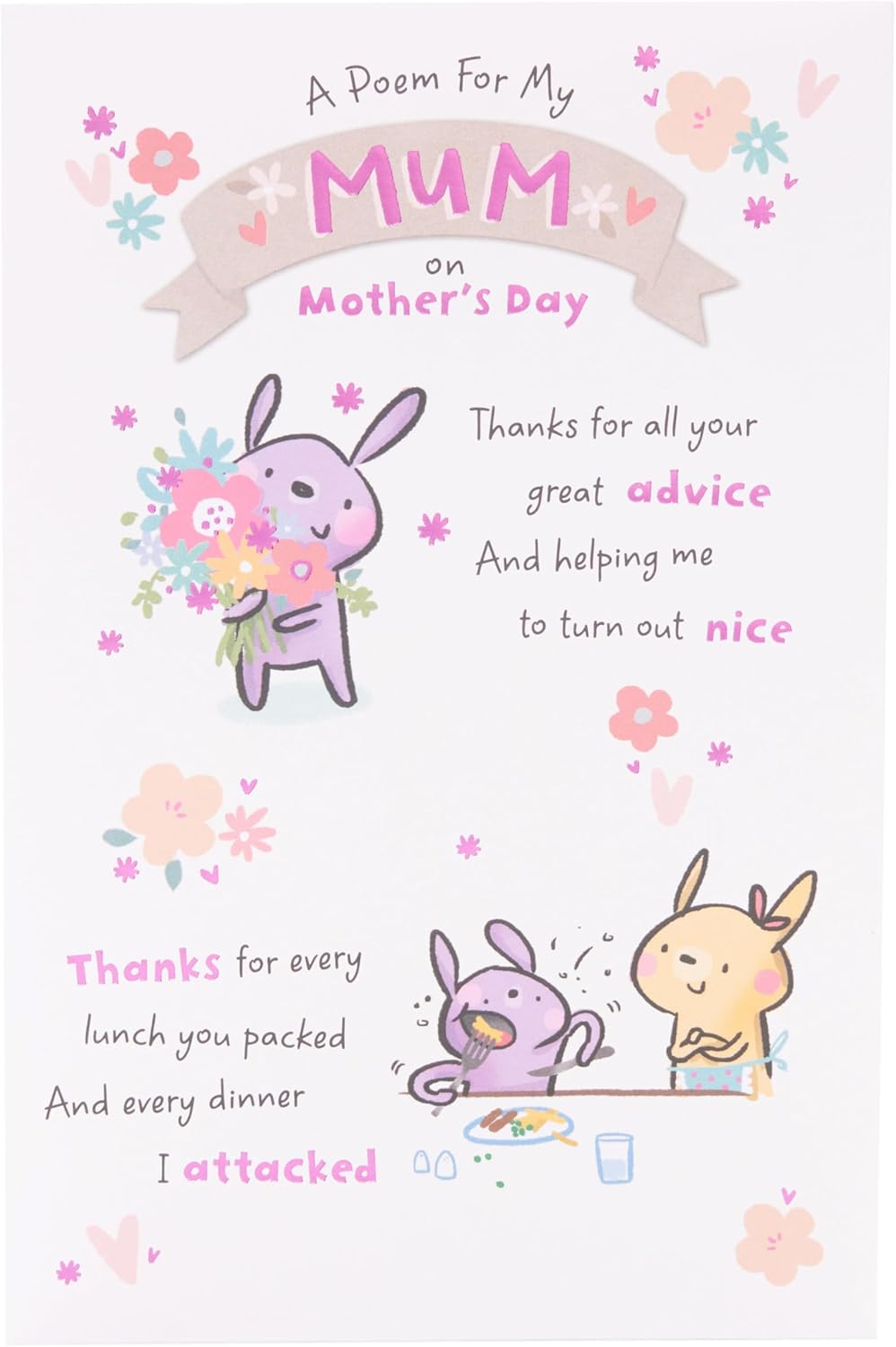 UK Greetings Mother's Day Card for Mum featuring a cute poem design, with colorful floral illustrations and heartfelt message.