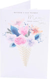 UK Greetings Mother's Day card for Mum from son featuring a floral bouquet design, with colorful flowers and elegant script.