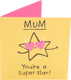 UK Greetings Mother's Day Card for Mum featuring a "You're a Super Star" design, with colorful illustrations and heartfelt message.