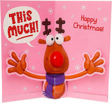 UK Greetings pop-up Christmas card for mum with "I Love You This Much" humorous design and festive holiday imagery.