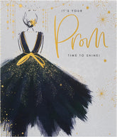 UK Greetings prom greeting card featuring a stunning dress design, perfect for celebrating prom occasions.